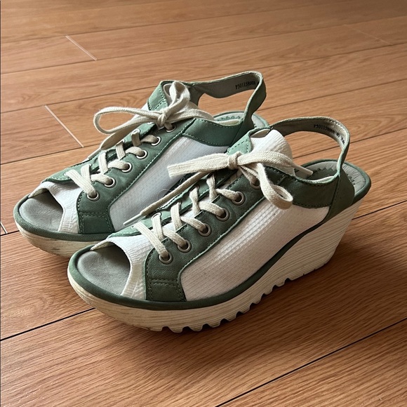 Fly London Shoes - Fly London Green and Cream Wedge Sandals